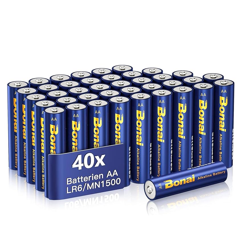 BONAI Longlife Batterie AA, (Pack of 40) Pile AA Stilo Alcaline 1,5V ad Alta Capacità Batteria LR6 Lunga Durata di 10 Anni MN1500, Imballaggio Ecologico, per Giocattoli, Dispositivi di Domotica