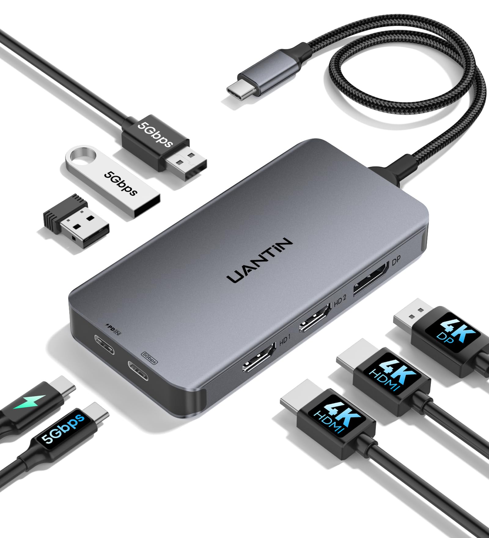 UANTIN Adaptador USB C a HDMI dual 8 en 1 con puerto HDMI dual