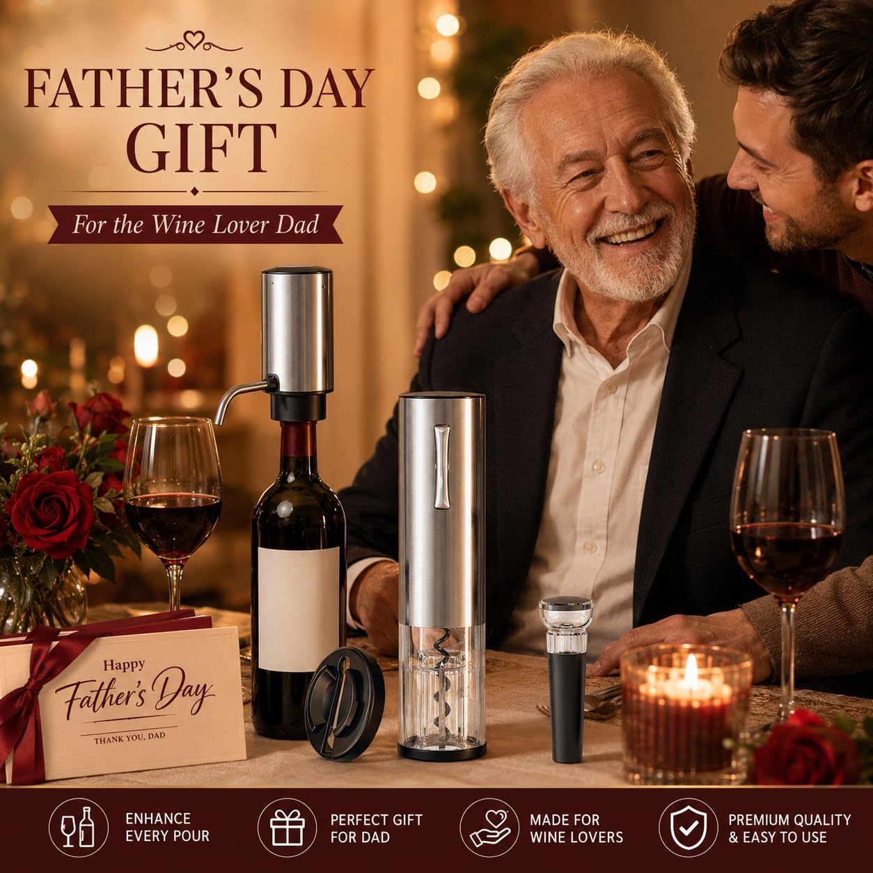 Juego de abridor y aireador eléctrico de vino con cortador de papel de aluminio y tapón al vacío, elegante caja de regalo de vino para Navidad, vacaciones y ocasiones especiales, perfecto para los