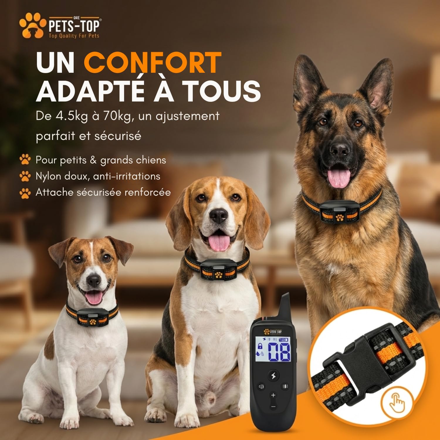 One PETS-TOP Collier De Dressage pour Chien, Portée de 3000m, Mode Vibration, Son, Choc Statique de 0 à 99, IPX67 Résistant à L’Eau, Petit et Gros Chien, Anti-aboiement