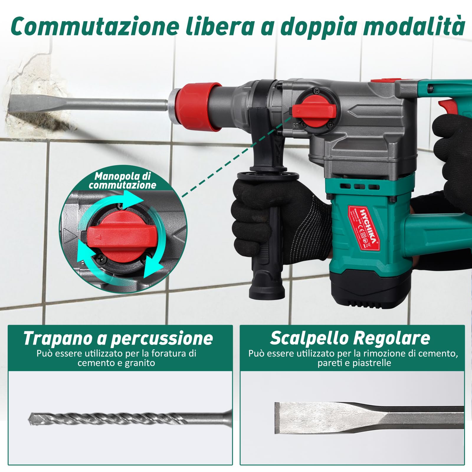 HYCHIKA Trapano a Percussione con Frizione di Sicurezza, Martello Demolitore con Cavo AC, Martello Perforatore per Calcestruzzo, Trapano Tassellatore SDS-Plus