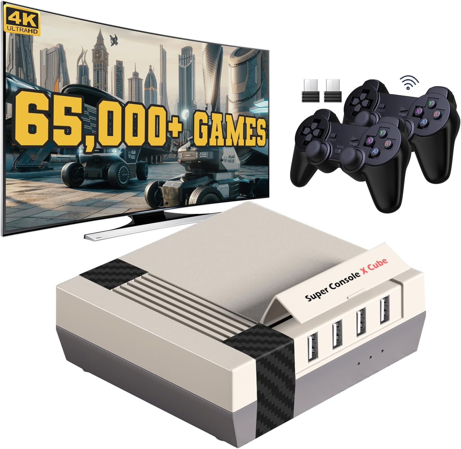 Kinhank Video Games Consoles 256G, Super Console X Cube Retro Game Console with 62000+ Classic Games Compatible with PSP/PS1/DC/MAME etc, 2 Wireless Game Controllers