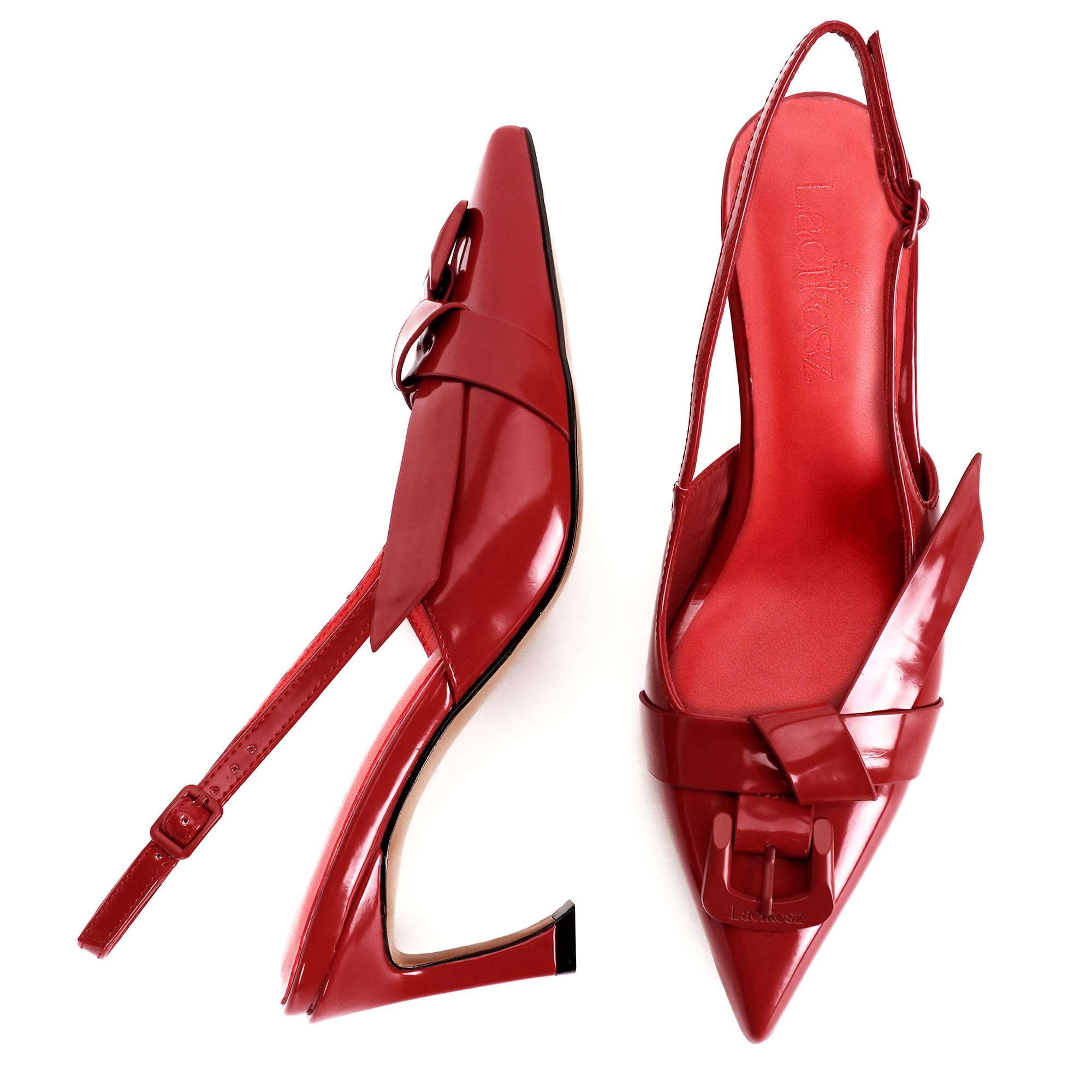 LACIKOSZ Women Heels Slingback Pointed Closed Toe Kitten Heel Sandals Slip On Stiletto 2.6 Inch Pumps Metal Buckle Patent Leather Evening Prom Party