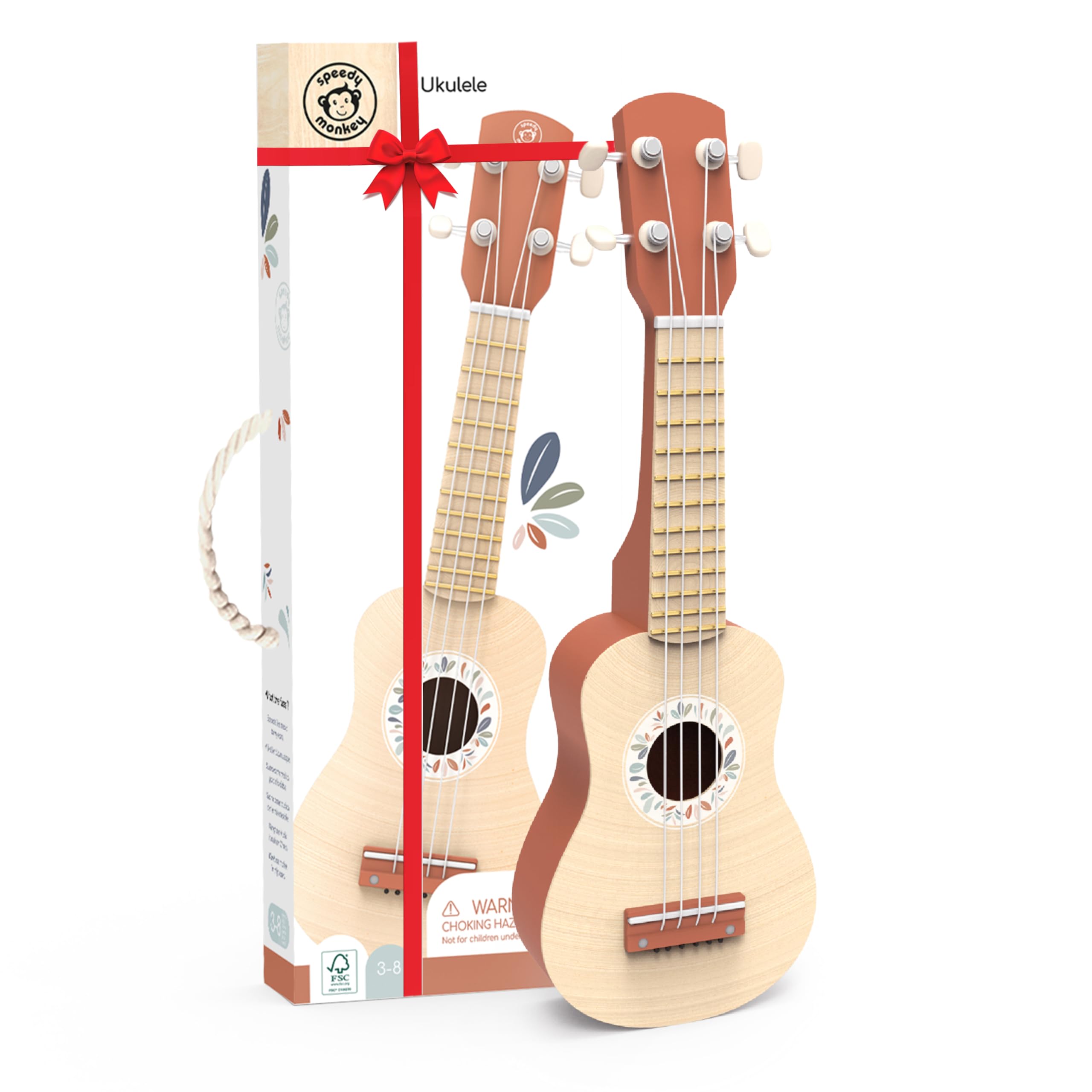 Speedy Monkey Toy Ukulele for Kids | Beautiful Wooden & Terracotta Colour Kids Guitar | 4-Strings Kids Musical Instruments | Acoustic Toys | Toy Guitar for Toddlers | Encourages Musical Development