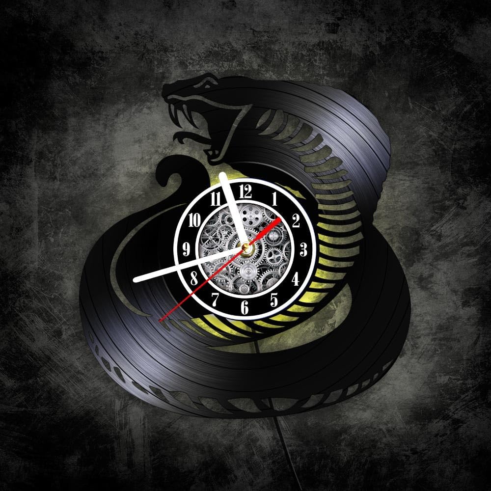 The Geeky Days King Cobra Snake Vinyl Record Wall Clock with LED Light Ophiophagus Hannah Reptile Ornament Man Cave Decorative Laser Engraved Vinyl Record LED Lit Wall Clock Animal Lover Gift