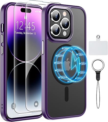 MOZOTER Funda magnética 6 en 1 para iPhone 14 Pro Max compatible con MagSafe 2 protectores de pantalla de vidrio + 2 protectores de lente de cámara