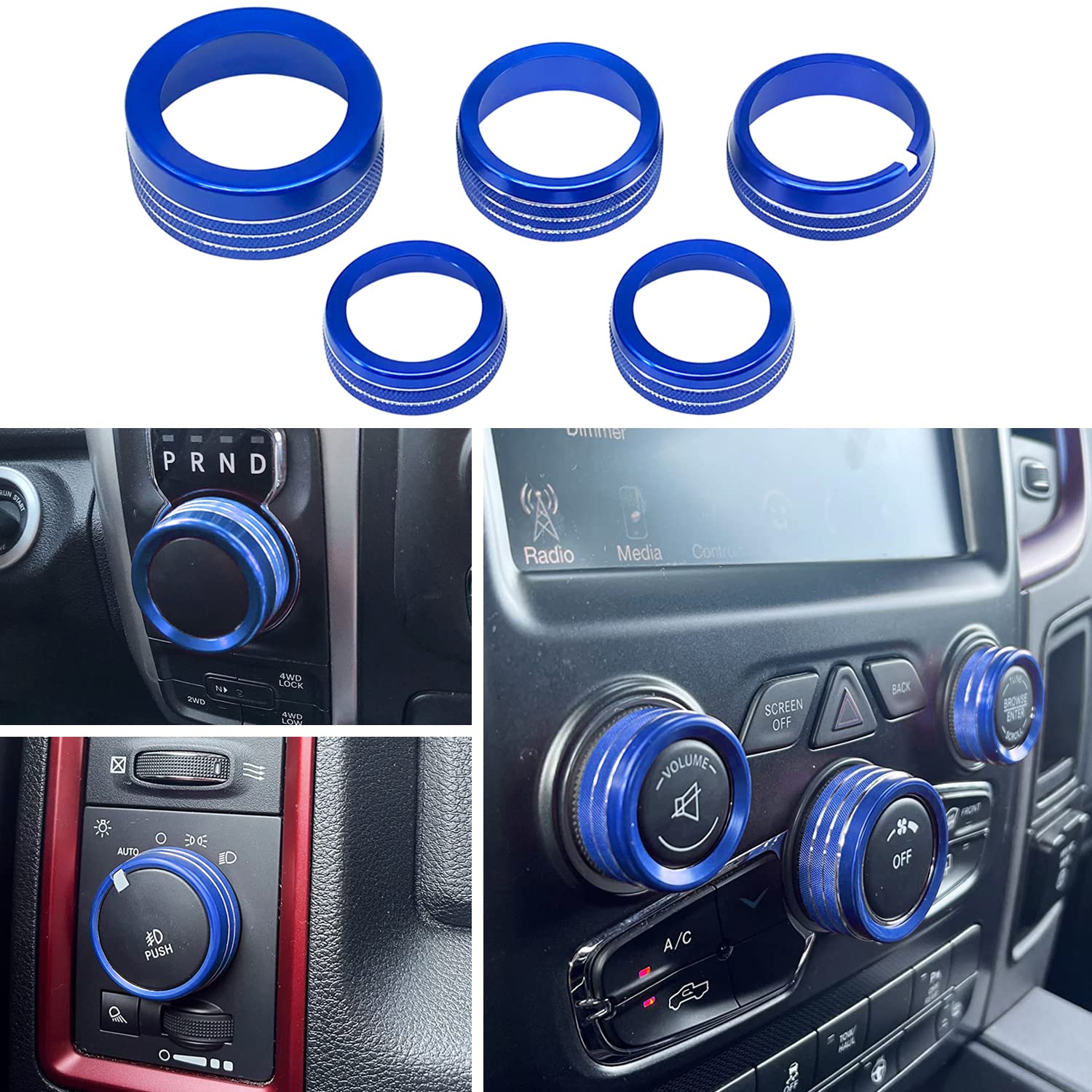 BORUIEN for Dodge Air Conditioner & Headlight & Gear & Radio Volume Tune Switch Knob Cover AC Button Ring Trims for Dodge Ram 2013-2017,5pcs Aluminum Alloy (Blue)
