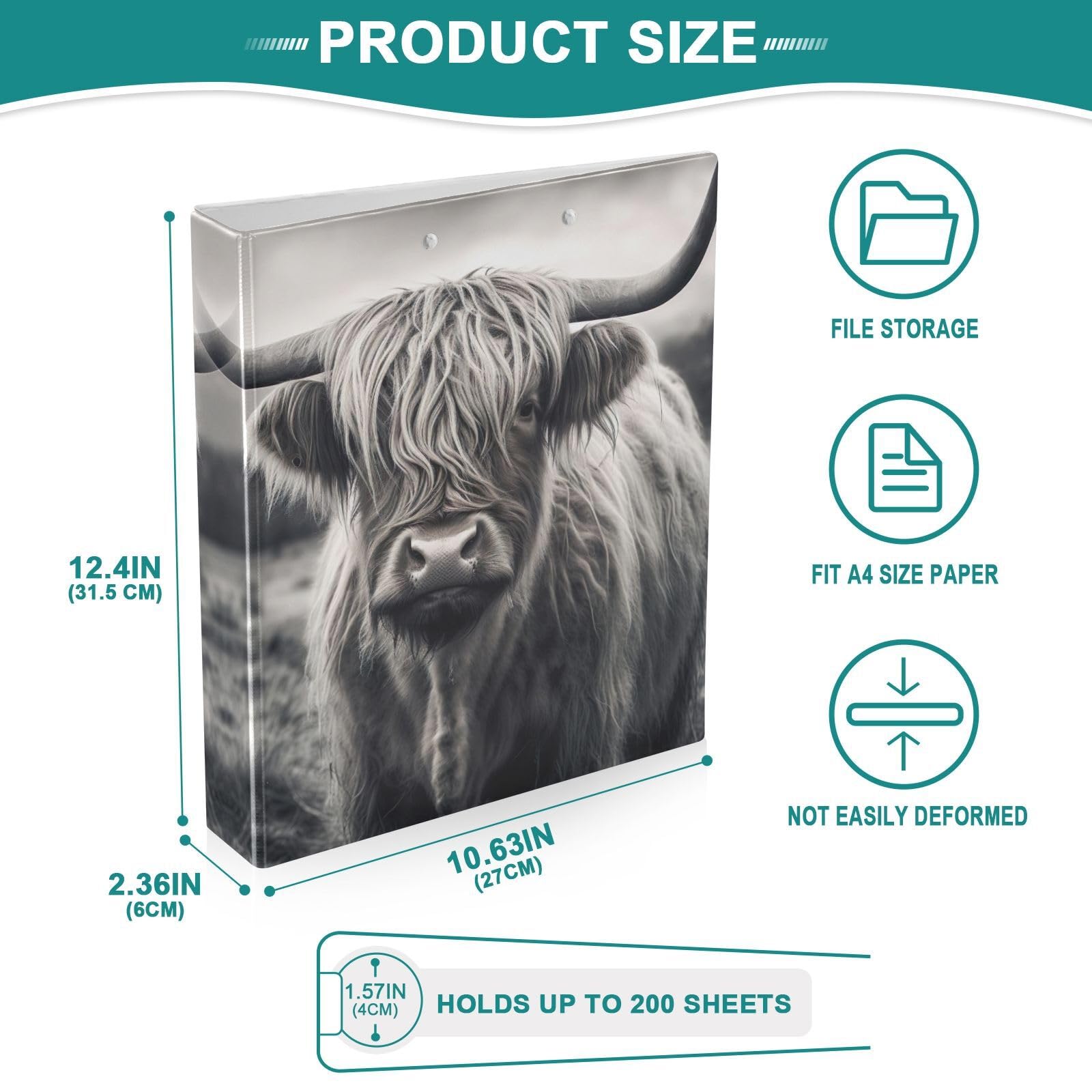 SPRIPORT Highland Cow, raccoglitore a 3 anelli da 3,8 cm, contiene 200 fogli, per forniture per ufficio, in PVC resistente, con tasche interne trasparenti, per casa, lavoro, donna, uomo
