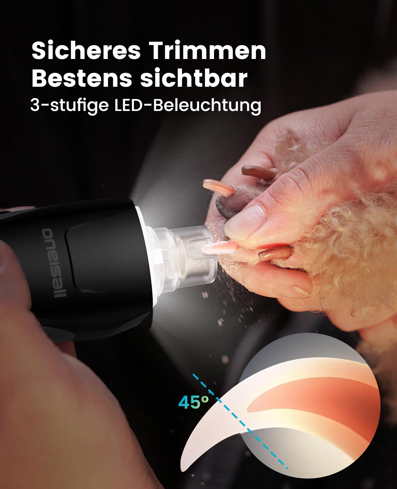 oneisall Hunde Krallenschneider mit 360° LED-Licht, Krallenschleifer für Hunde groß und klein 6 Geschwindigkeiten bis 12000rpm, leiser 40dB krallenschneider für Hunde 3 STU. Akkulaufzeit