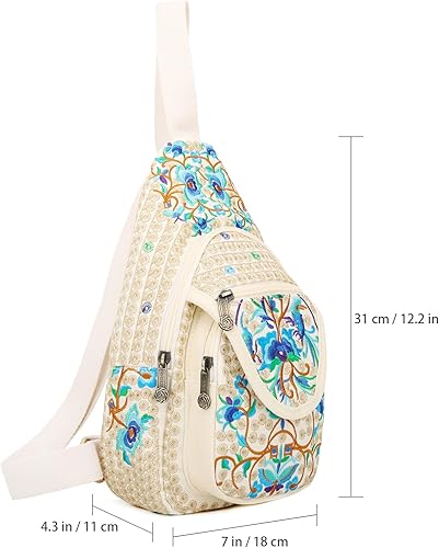 Miniatura 3 de SILKAREA Bolso bandolera pequeño de lona vintage para mujer, bolso cruzado, bolso cruzado bohemio bordado mochila (beige azul)