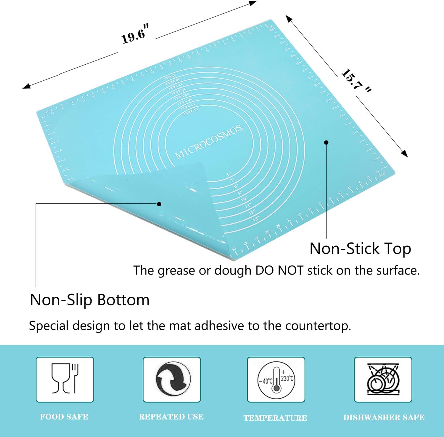 Extra Thick Silicone Baking & Pastry Mat with Measurements, Non-Stick, Non-slip, Countertop Safe, EZ to Clean. Great for Rolling Dough; Kneading Fondant; Cut Pasta; Make Pizza, Cookies. 19.6" x 15.7"