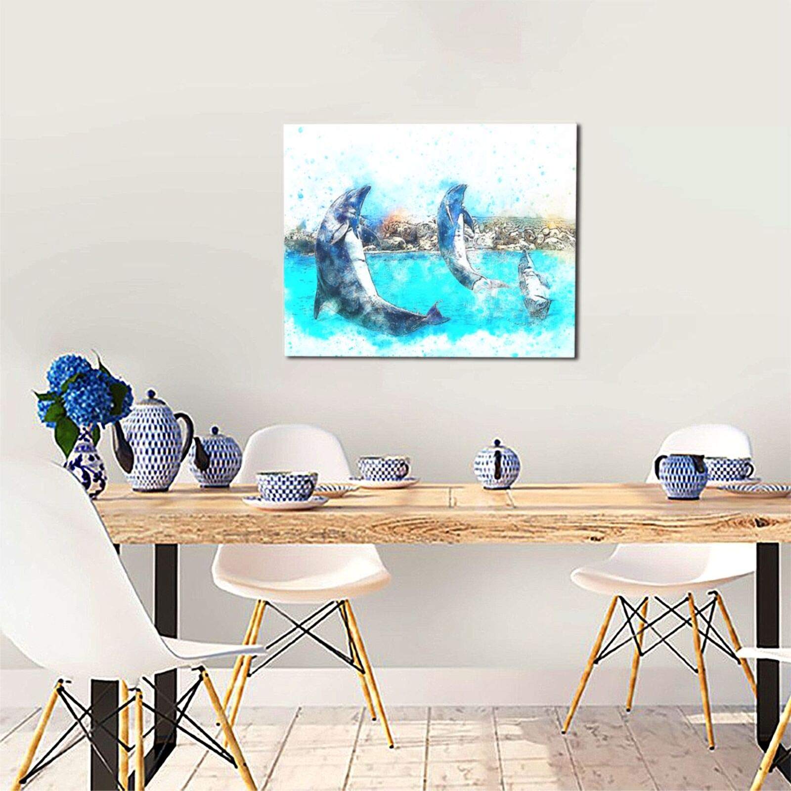 Amazon｜DADABULIU アートパネル 絵画 水彩画 青 イルカ 動物柄 海洋