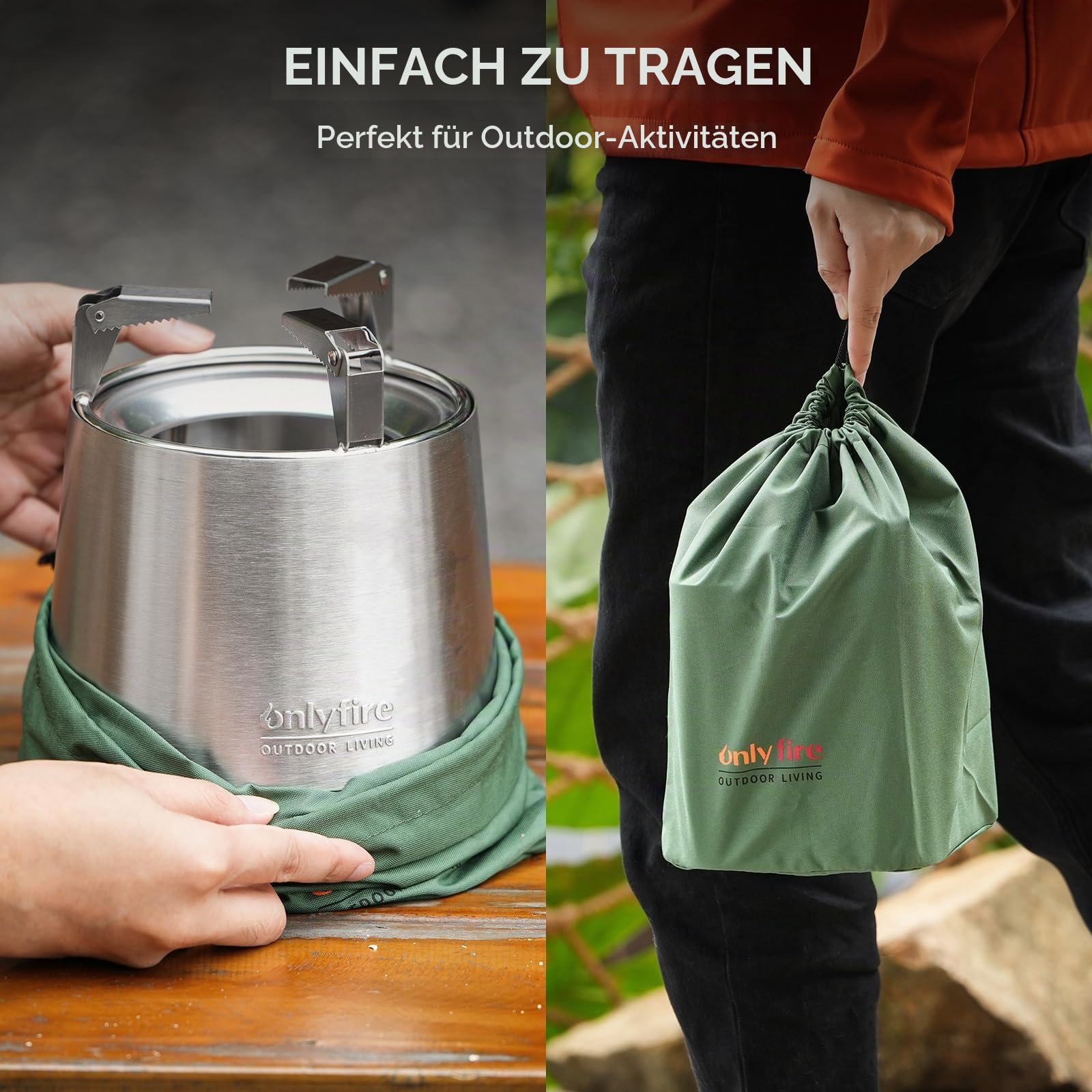 Onlyfire Edelstahl Tischfeuer mit Topfhalter und Tragetasche, Raucharmer Mini Tischkamin für Pellets/Holz, 16,5CM Kleinere Tischfeuerstelle, für Balkon & Camping, Konisch, Silber