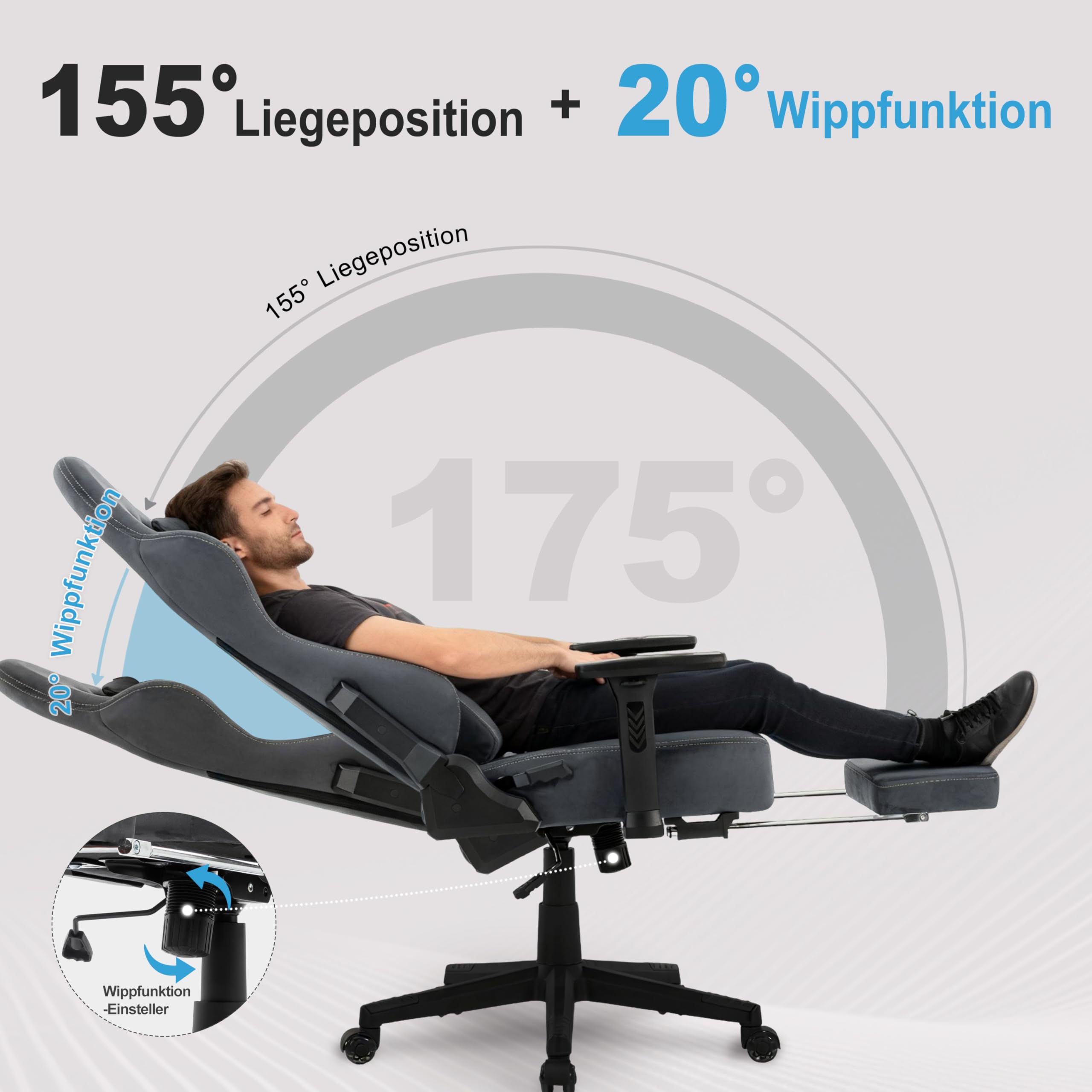 Symino Chaise Gamer XL, Siège Large Mousse+Latex, Support Lombaire & Tête, Inclinaison 175°, 300kg, Roues Silencieuses Incluses (Faux Daim, Gris)