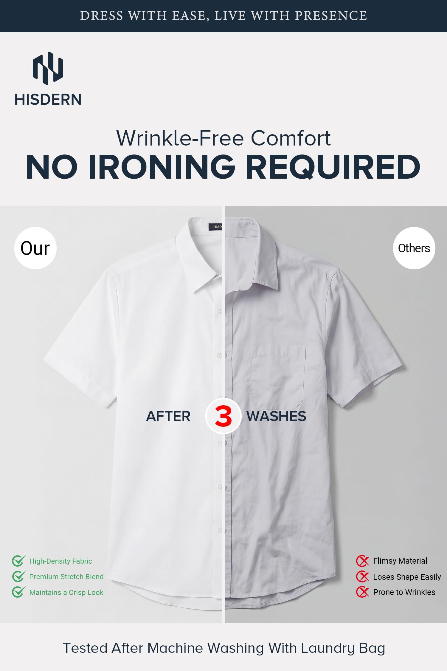 HISDERN Chemise Homme Manches Courtes Stretch sans Repassage Regular Fit Business Décontracté Chemise d'Été Habillée avec Poche