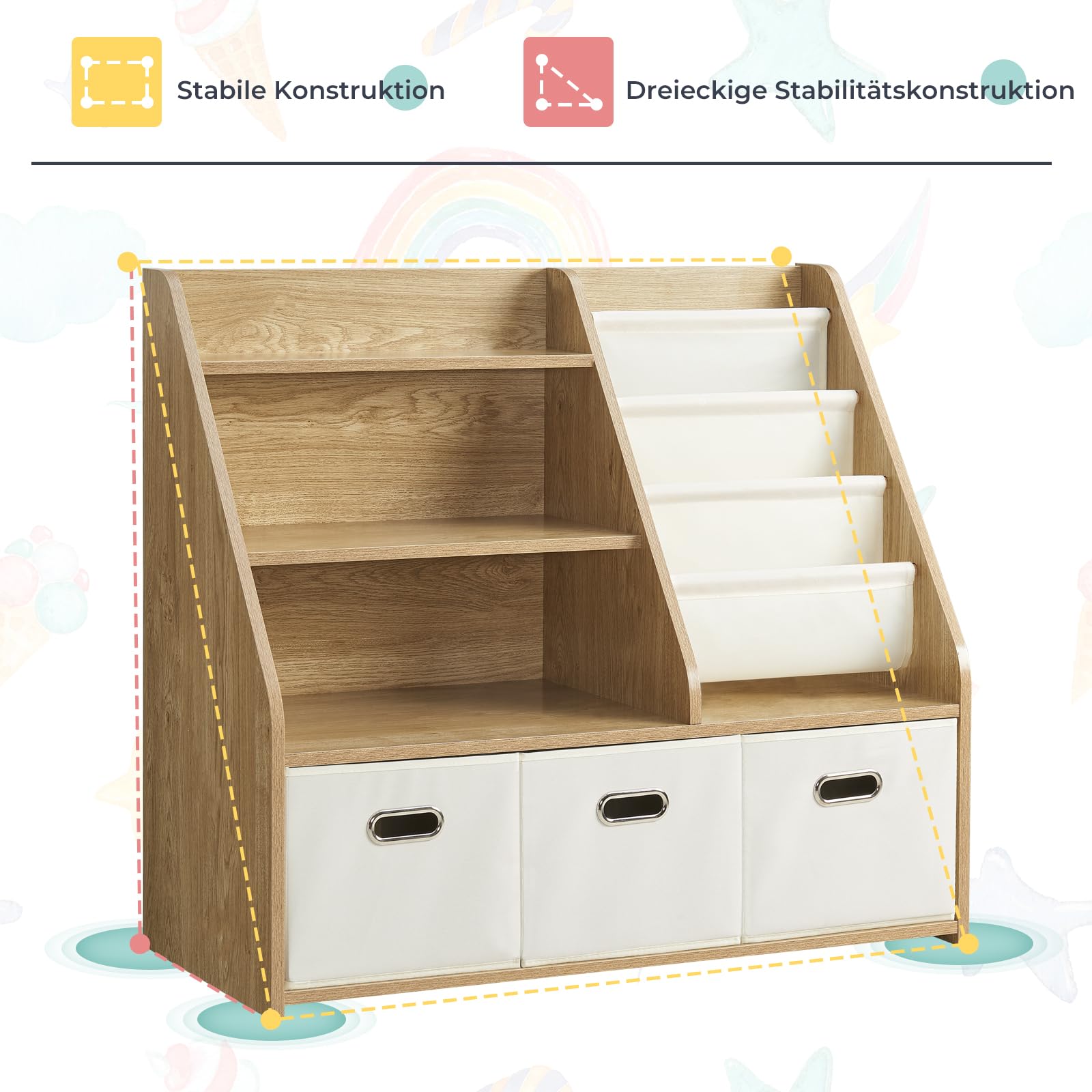 EFURDEN Kinder Bücherregal mit Aufbewahrung, 4-stufiges Montessori Spielzeugregal aus Holz mit 3 Schubladen & 4 Stoffboxen, Organizer für Kinderzimmer, Spielzimmer
