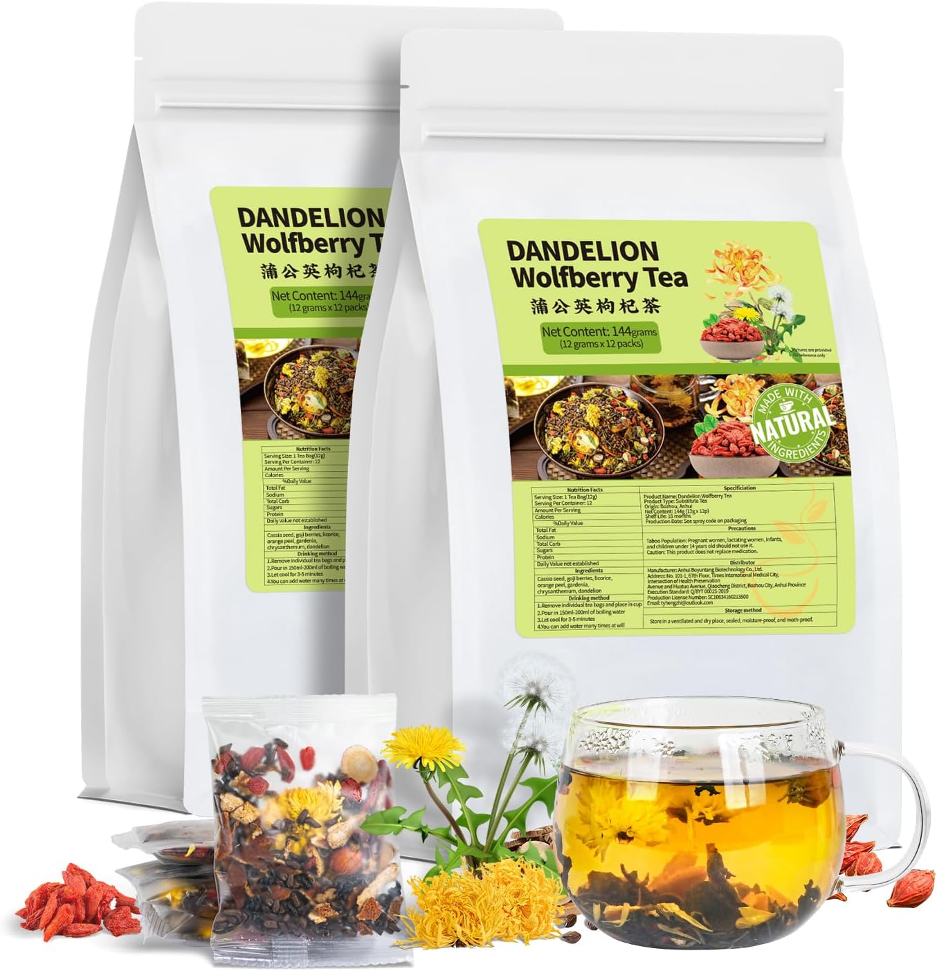 Dandelion Wolfberry Tea Bags, Natural Kidneys & Liver Health Tea with Dandelion, Chrysanthemum, Wolfberry, Cassia Seed, Licorice, Orange Peel, Gardenia, Dandelion Root Tea (2 Pack/24 Bags)