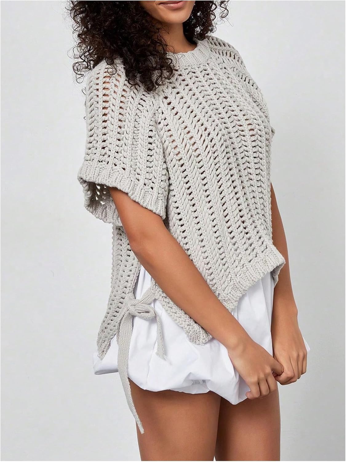 GORGLITTER Women's Chunky Knit Short Sleeve Sweater Crochet Hollow Out Tie Side Fall Trendy Going Out Urban Jumper Tops - Image 2