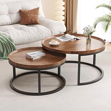 Round Nesting Coffee Table Modern Nesting Side Set of 2 End Table, for Living Room Balcony,Round Wooden Accent Coffee Table with Solid Powder,Sofa Side Table(60cm+50cm)