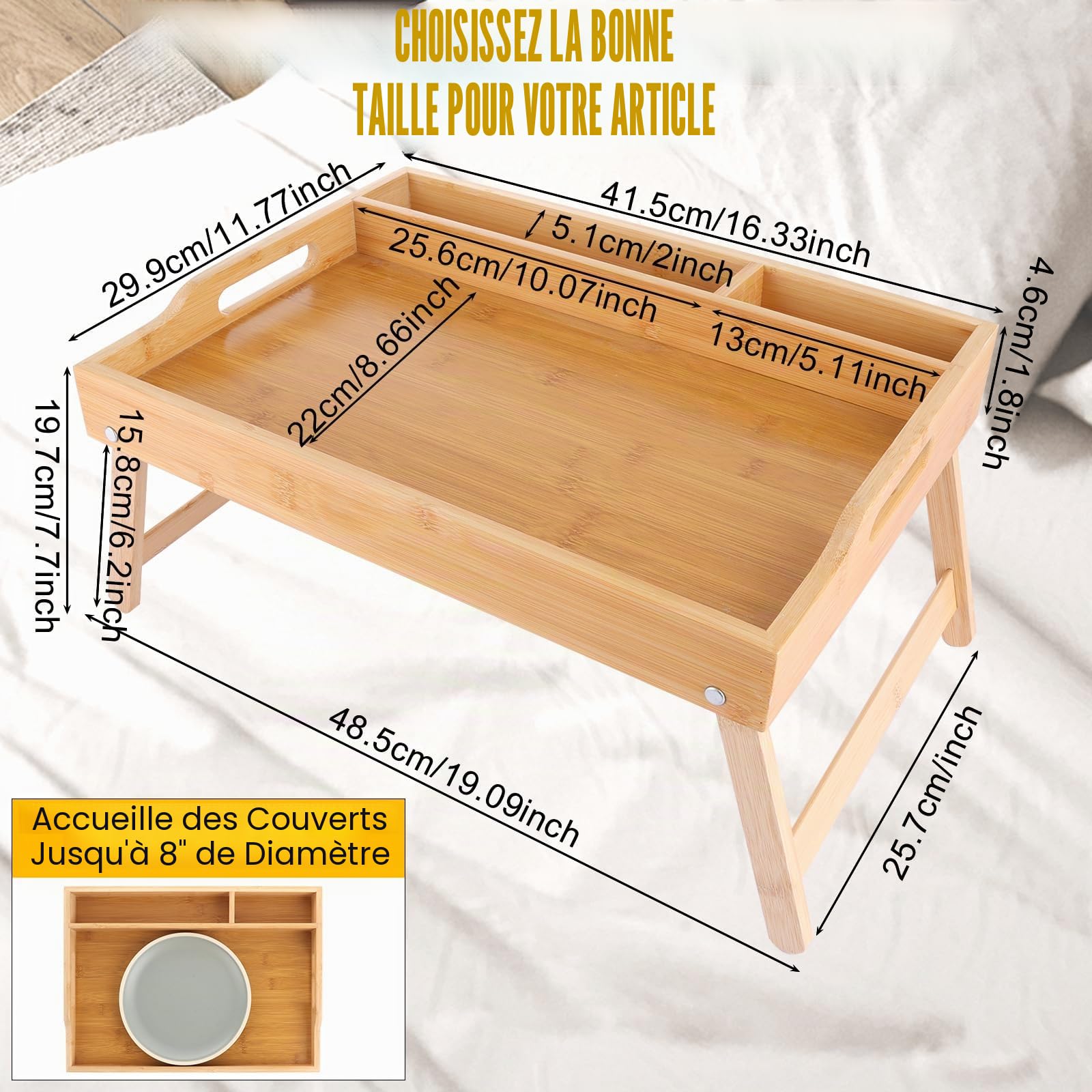 SHUESS Lot de 2 plateaux de lit en bambou - 41,5 x 30 x 20,5 cm Plateau de petit-déjeuner avec pieds pliants - Plateaux pour manger sur les genoux avec emplacement pour appareils multimédia, idéal
