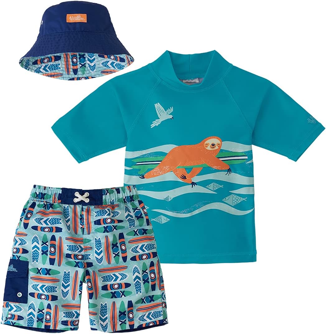 UV SKINZ Boys 3-Piece Swim Set with UPF 50+ Long Sleeve Rash Guard, Swim Shorts & Hat