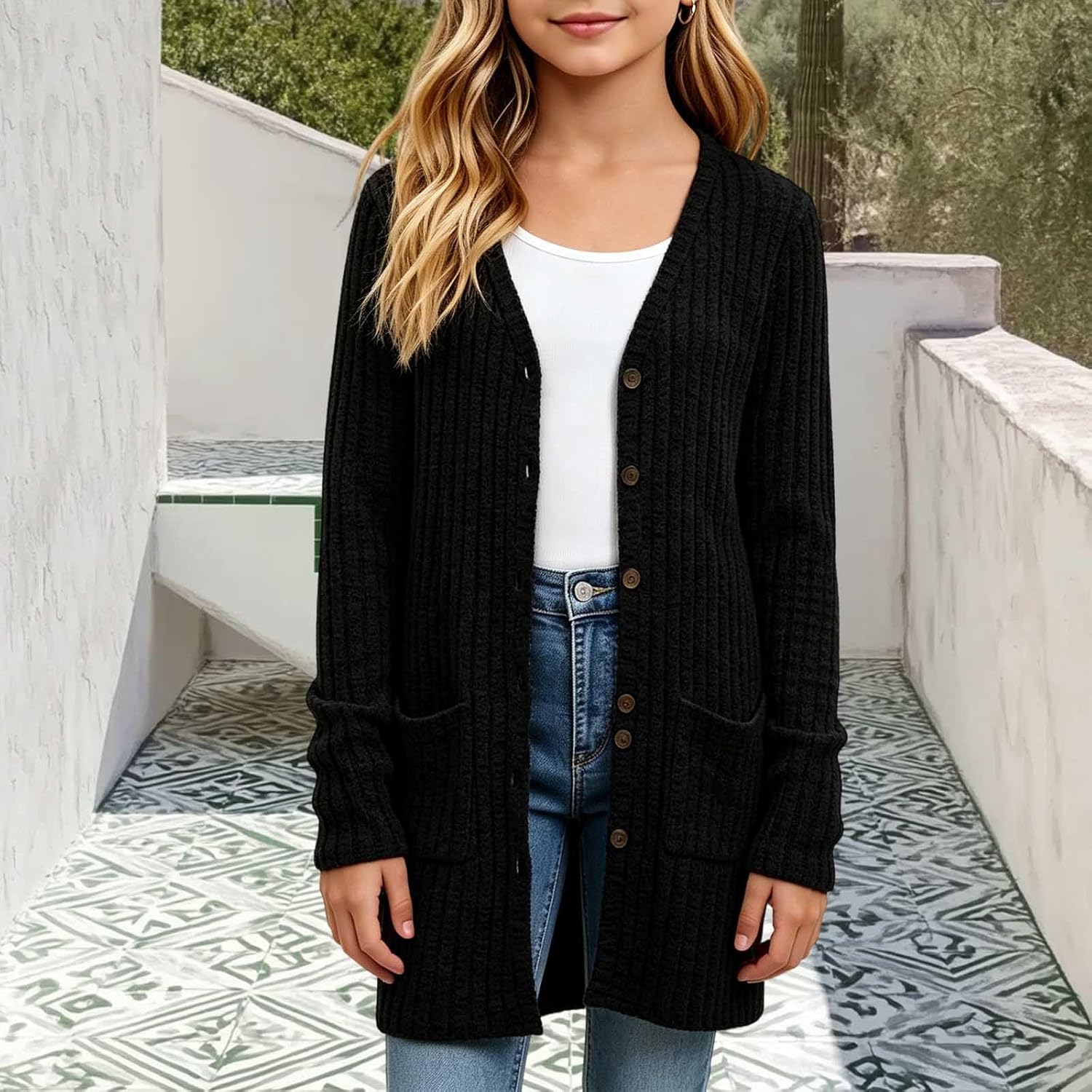 Girls V Neck Button Cardigan School Uniform with Pockets