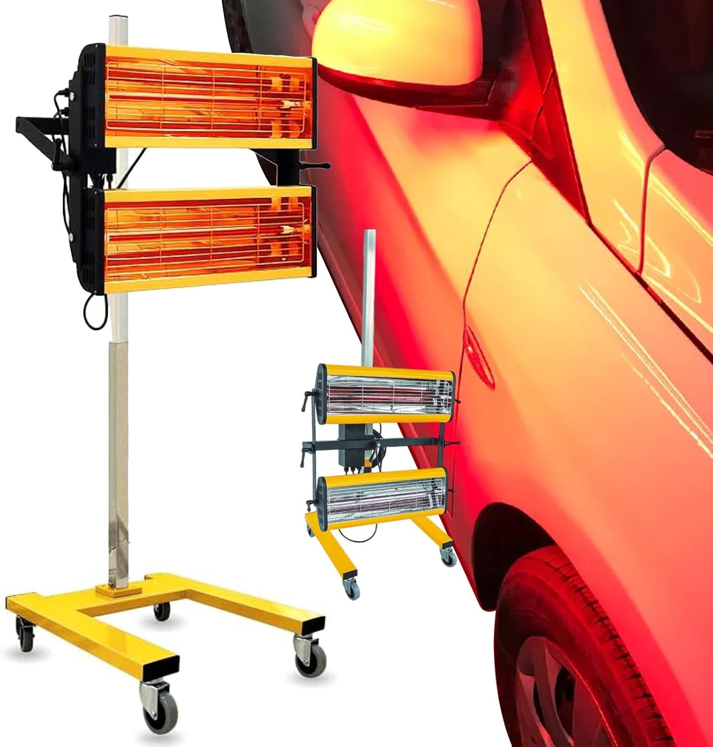 Efficient Infrared Car Paint Curing Lamp - 2 x 1050W Rapid Drying Heating Lamps on Mobile Stand for Quick Auto Body Repair & Coating Cure
