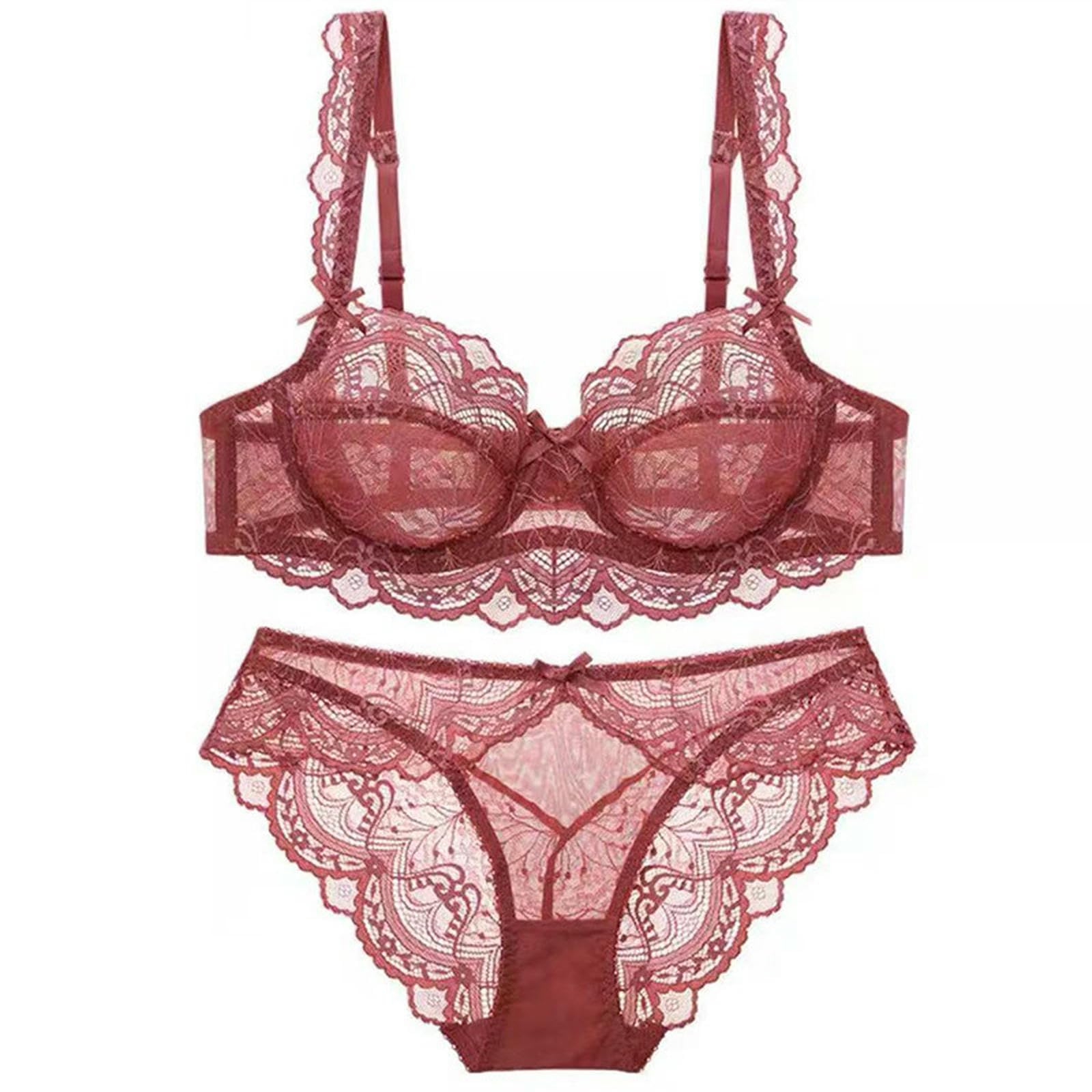 Reggiseni Set Lingerie E Slip in Pizzo, Reggiseno Push-up Puro Sexy, Traspirante Sottile, Taglie Forti -Rosso Anguria-38 85d