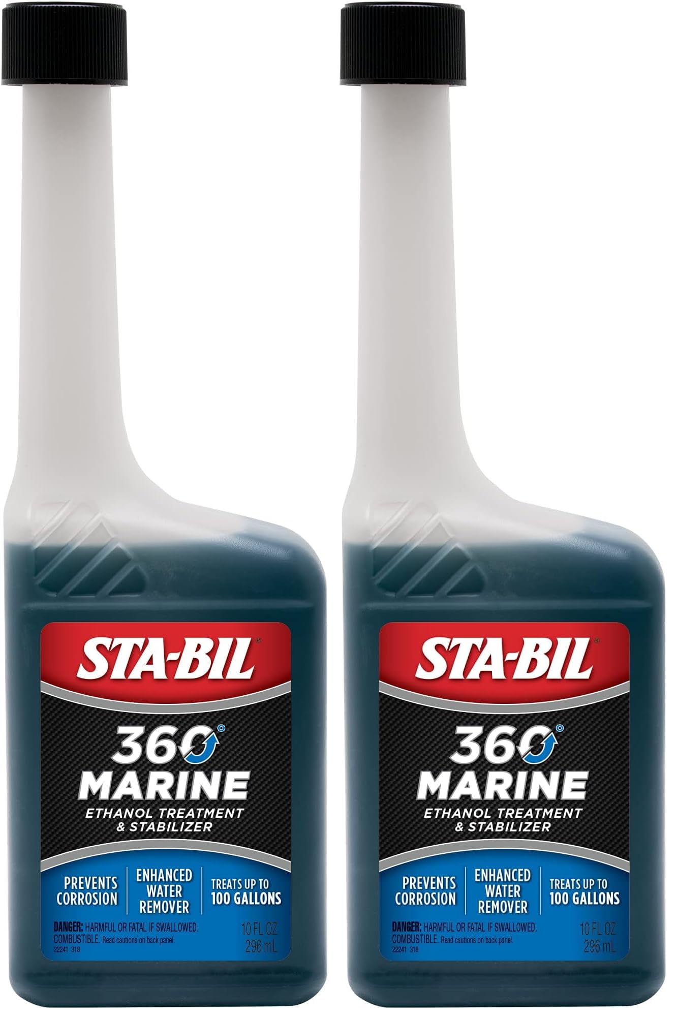 STA-BIL 360 Marine Ethanol Treatment &amp; Fuel Stabilizer - Full Fuel System Cleaner - Fuel Injector Cleaner - Removes Water- Protects Fuel System - Treats 100 Gallons - 10 Fl. Oz. (22241) (Pack of 2)