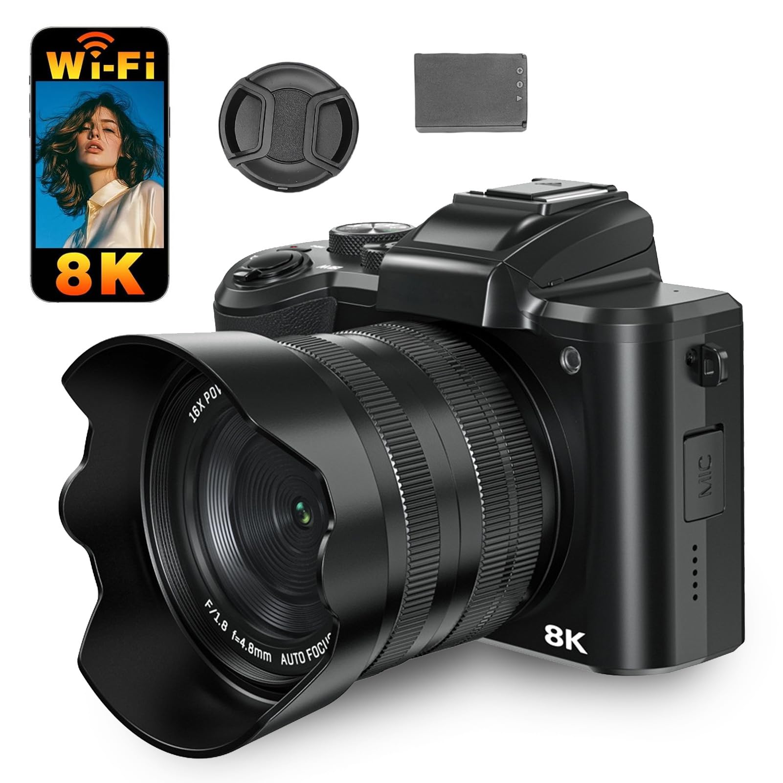 Topiky Cámaras Digitales 8K para Fotografía, Enfoque Automático 88MP WiFi Cámara Profesional con Zoom 16X de Doble Lente Cámara Web Selfie CAM con Pantalla Táctil de 3,2 Pulgadas Flash