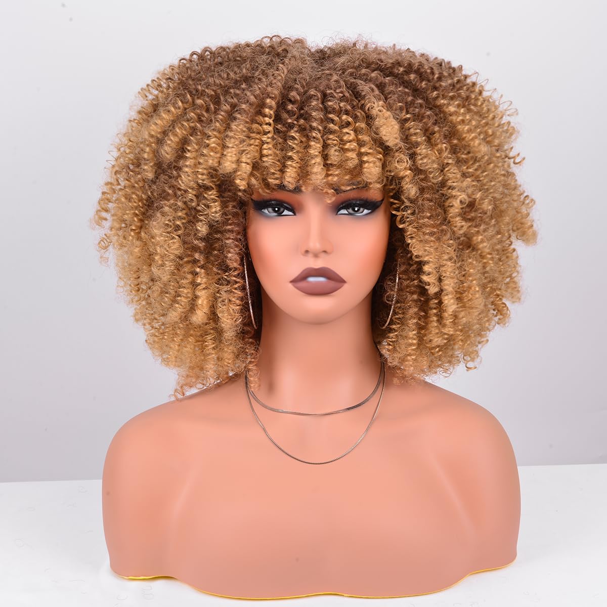 Vitorish 12 Inches Afro Curly Wigs for Black Women Afro Bomb Kinky Curly Wig with Bangs about 280g Fluffy and Soft Glueless Synthetic Hair Afo Wig (Ombre Blonde)