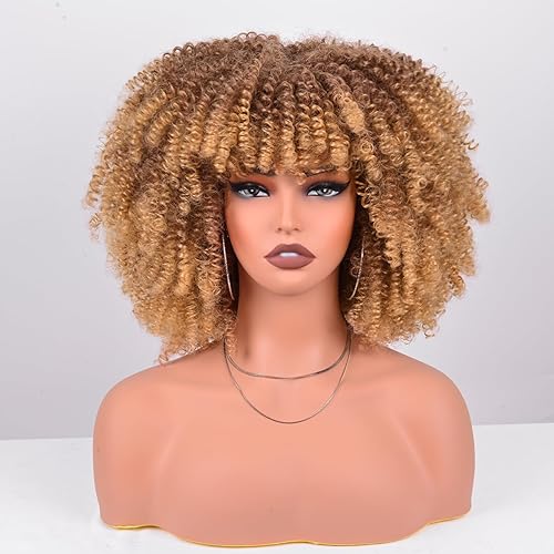 Miniatura 2 de Pelucas afro rizadas de 12 pulgadas para mujeres negras, peluca rizada tipo afro con flequillo de aproximadamente 9.88 oz, de cabello sintético sin