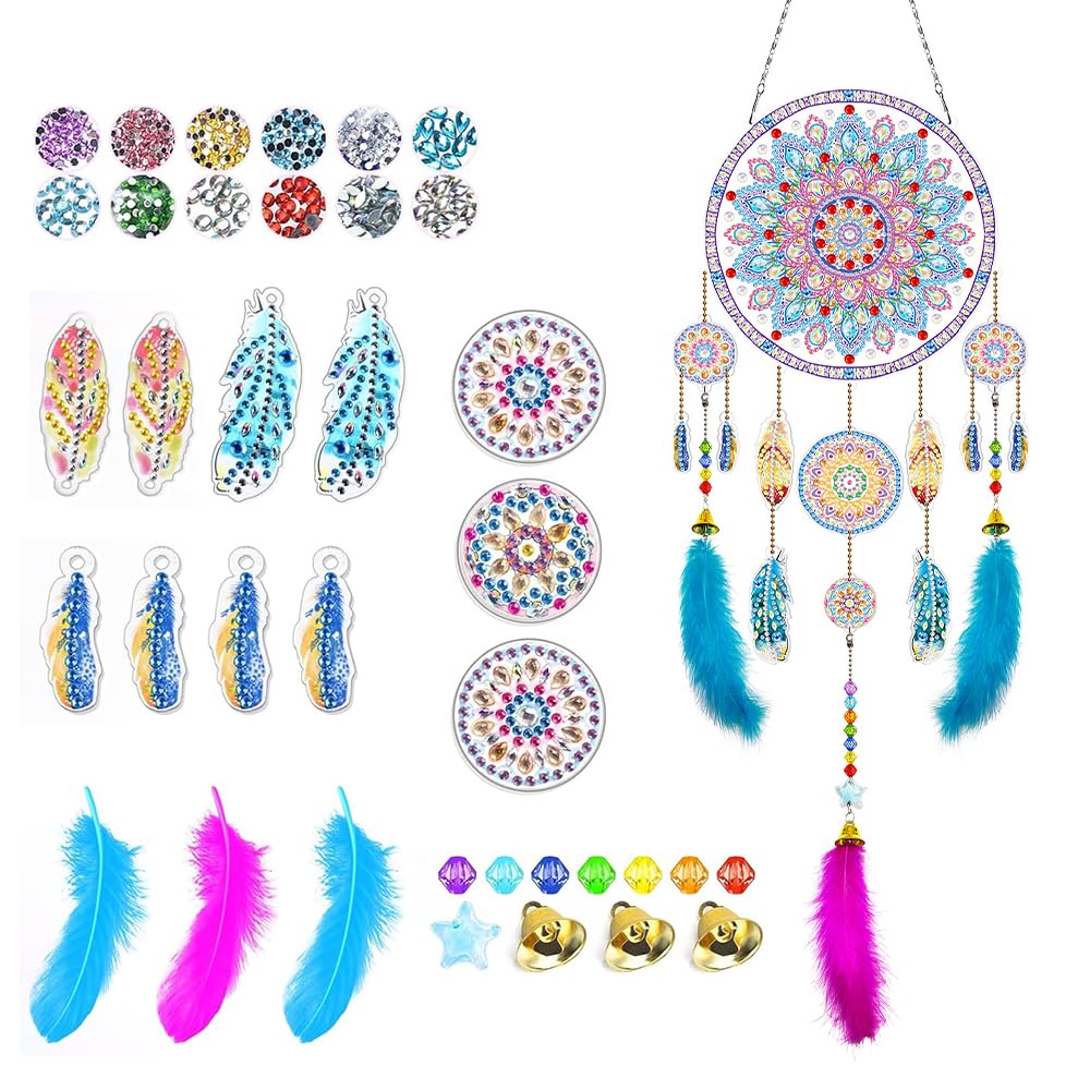 LUFEISDiamond Painting Wind Chime, DIY Diamond Art Dream Catcher Craft Kits for Kids, Rhinestone Dreamcatcher with Colorful Feathers, Beads and Small Bells, Suncatcher Hanging Ornament for Home Decor