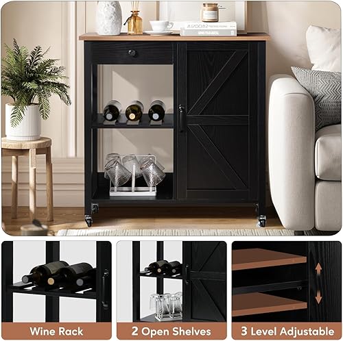 Miniatura 4 de 4 EVER WINNER Carritos de cocina con ruedas de almacenamiento, carrito de cocina rodante con puerta de granero, carrito de almacenamiento de cocina