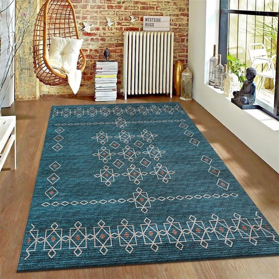 Tapis de salon géométrique bleu déco chambre fille et entrée 60x90cm