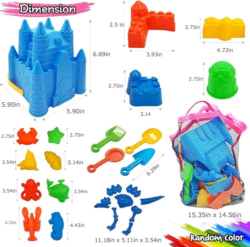 Miniatura 2 de SupMLC Juguetes de playa, 27 piezas de juguetes de arena, kit de construcción de castillo de arena para niños, con cubo de arena, bolsa de malla,