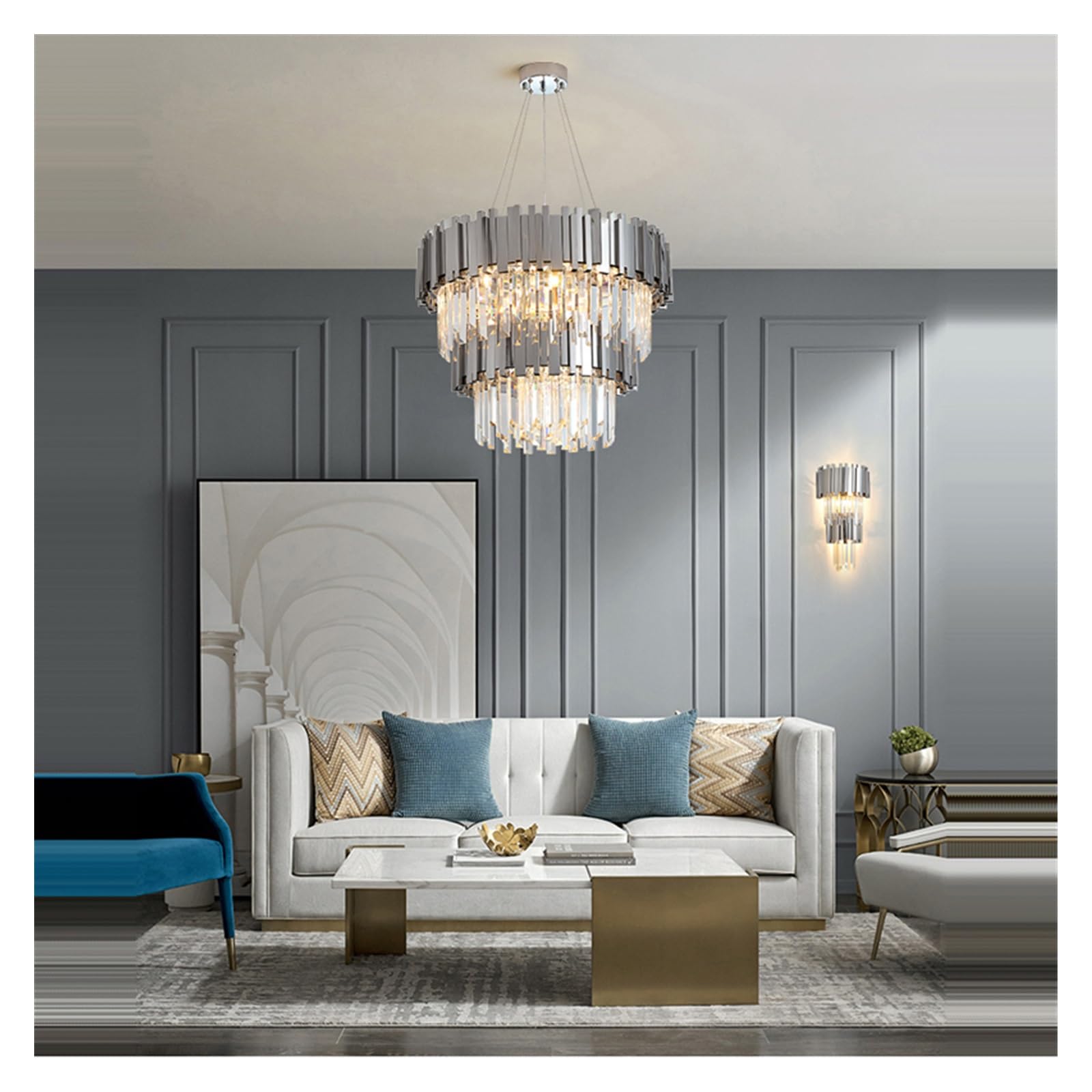 Lámpara de Techo LED cromada Dorada de 2 Capas con Cristales, lámpara Colgante de Tendencia 2025 para Sala de Estar (120 cm, Marco Plateado)