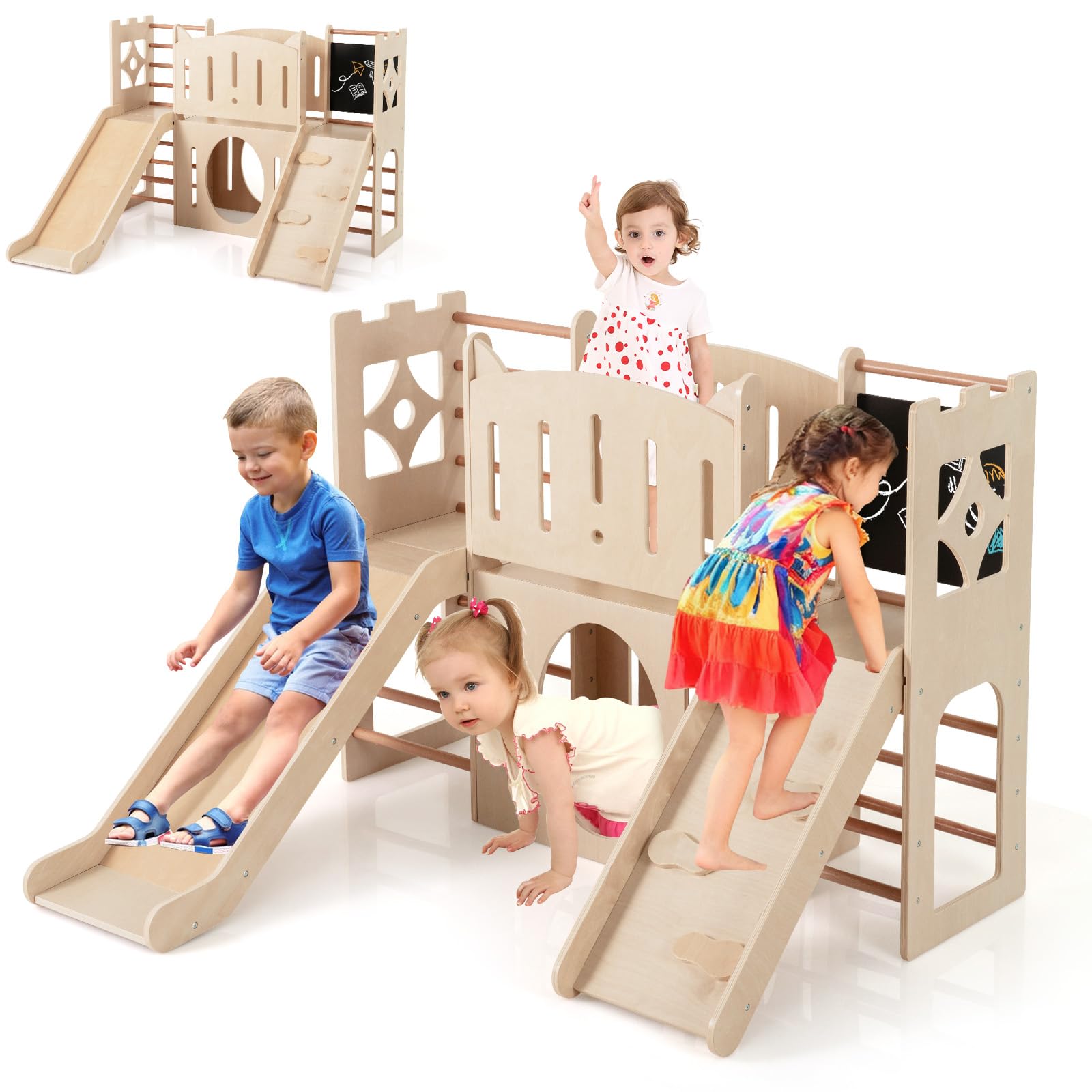 HOMASIS 8 in 1 Klettergerüst Indoor, Holz Kinderrutsche mit Tafel Kletterleiter Tunnel Stauraum, Spielplatz im Burgform, Babyrutsche Rutschenset für Kinder ab 3 Jahren,142x124,5x100cm (Naturfarbe)