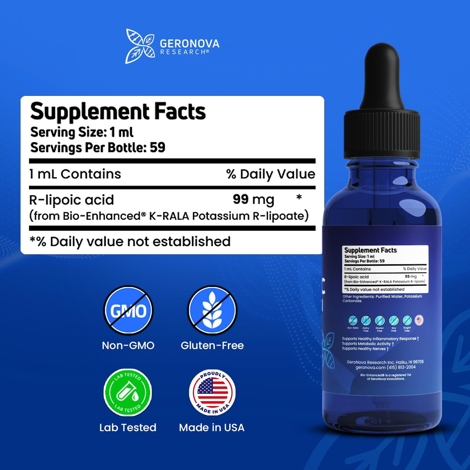 Geronova Research The R-Lipoic Solution, 2 fl oz – Potassium-Stabilized R-Lipoic Acid Liquid for Healthy Aging, Supports Nerve Health, and Cellular Balance – Fast-Absorbing 3-Ingredient RLA Drops