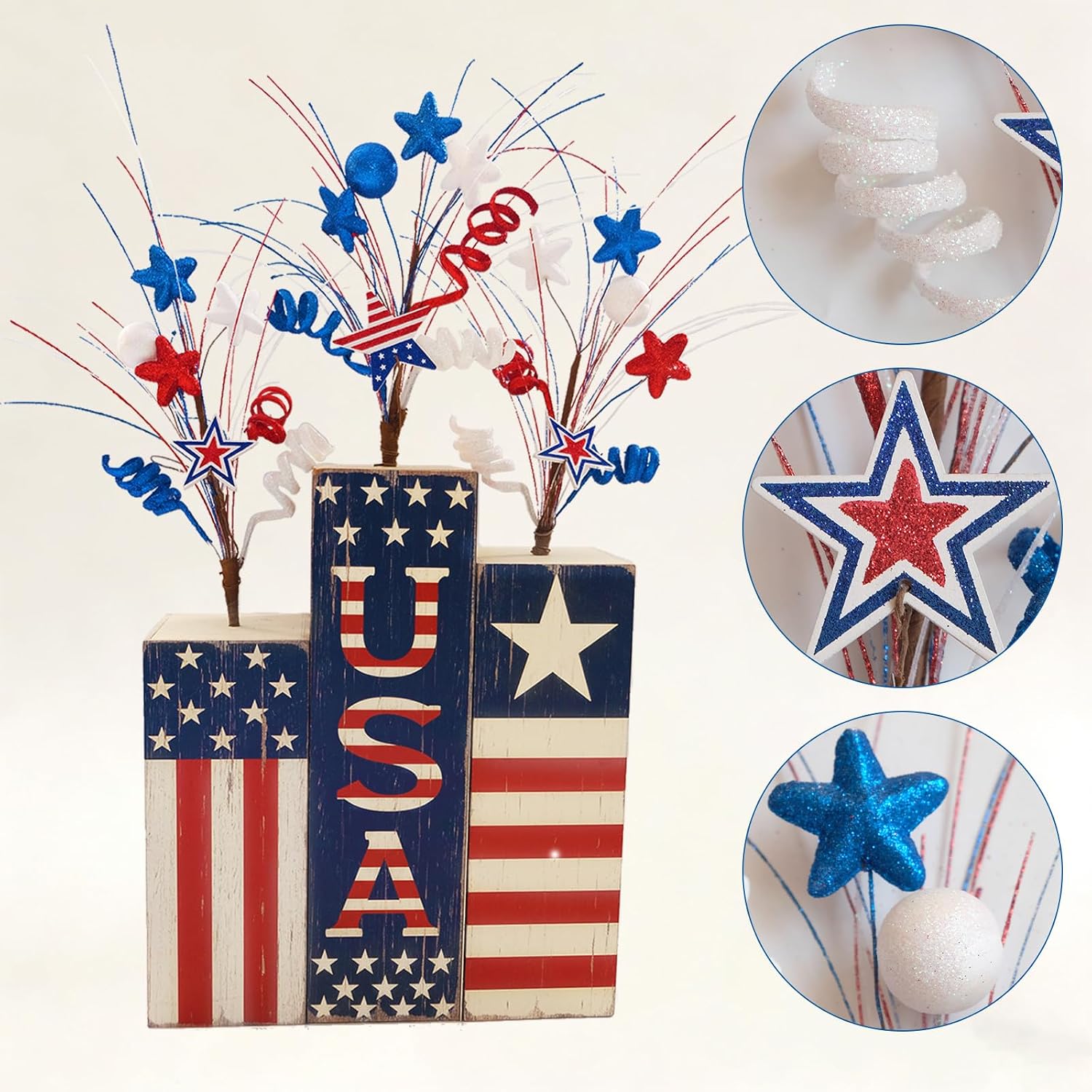 Patriotic Wooden USA Tabletop Decor - 25x11.8 Inch Red White Blue Tiered Sign with Star & Firework Sprays for 4th of July, Independence Day, Memorial Day, Labor Day Home Decoration