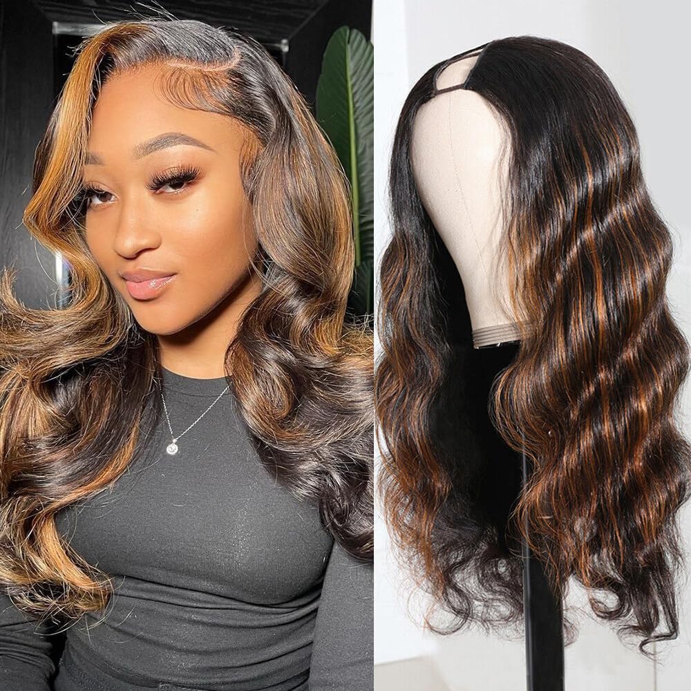 Highlight Ombre U Part Human Hair Wig Body Wave Drawstring Wig 180Density U Part Wig Brazilian Virgin Human Hair Wigs for Black Women Full Head Clip