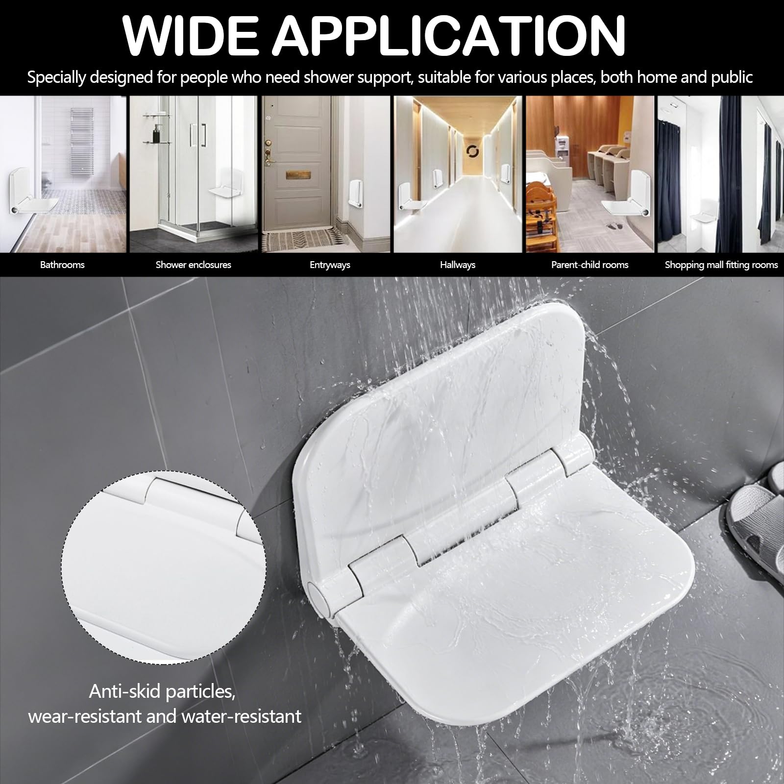 Duschsitz Klappbar Wandmontage, Weiß Extrabreiter Klappsitz Wand für Dusche Ergonomischer Duschstuhl bis 150kg Rutschfester Duschhocker für Senioren für Badezimmer Schlafzimmer