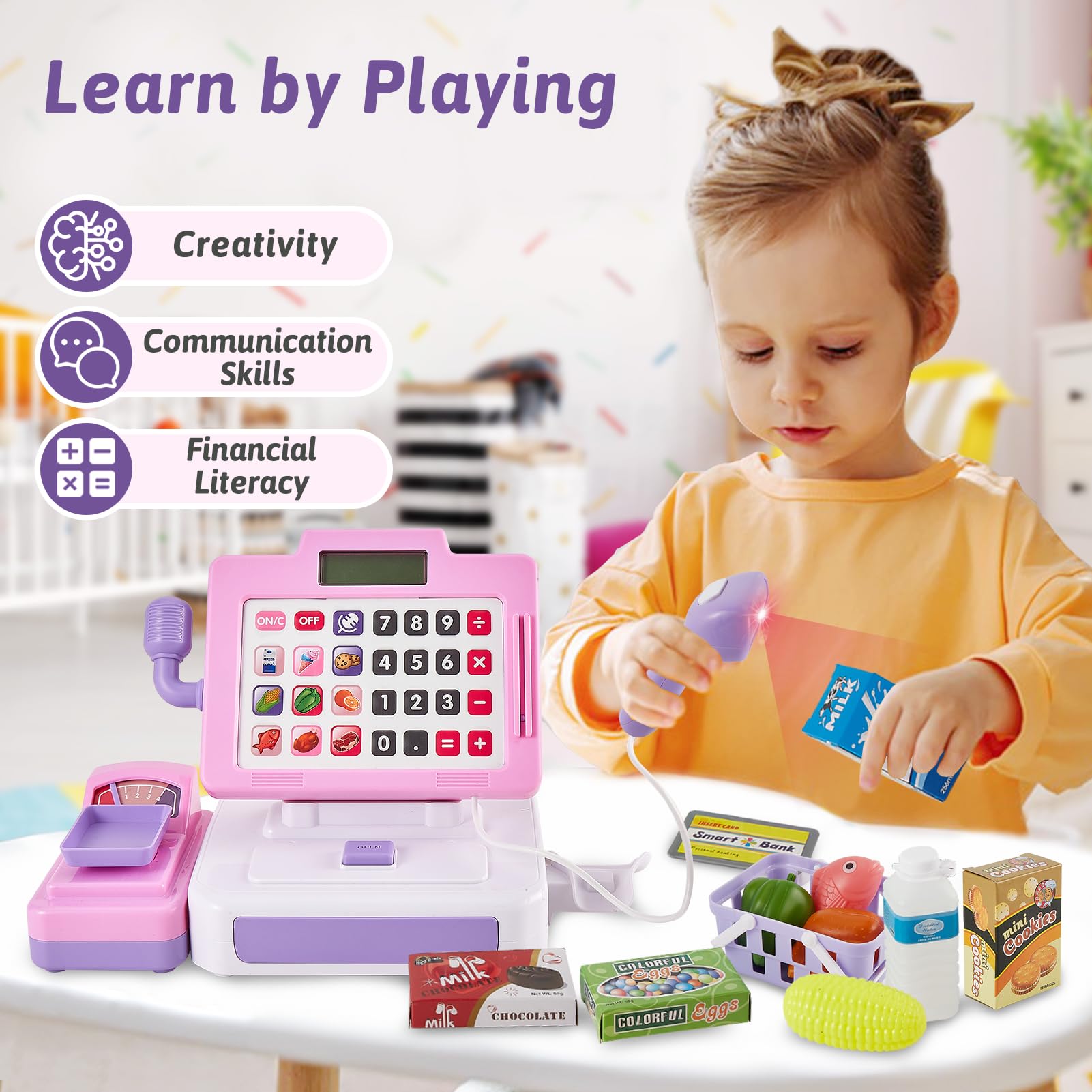 LINFUN KIDS Registratore di Cassa Supermercato Giocattolo con Microfono, Scanner di Suoni e Luci,Cibo Finto Giochi di Imitazione per Ragazze Ragazzi 3 Anni Rose