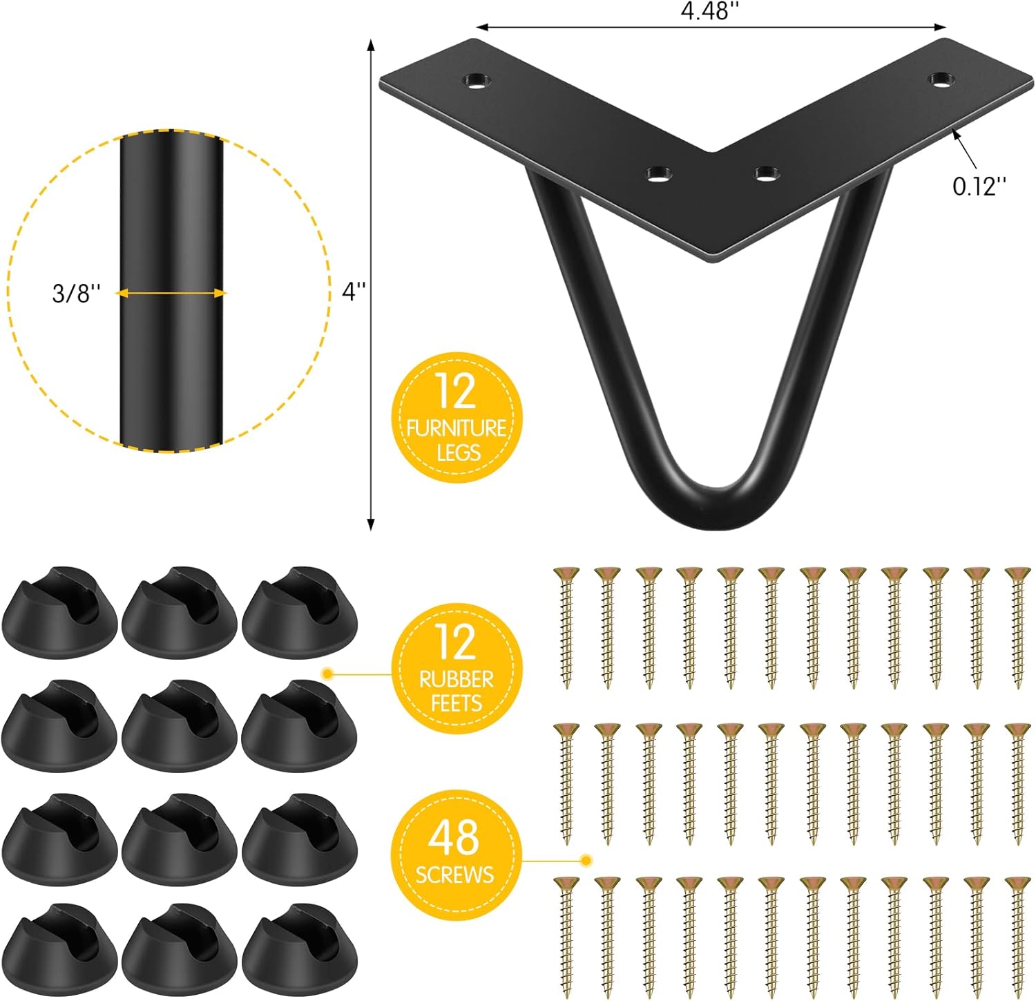 Chumia Set of 12 Pcs Hairpin Legs Iron Heavy Duty Furniture Legs Table Dresser Legs Home Metal Legs Feet for DIY Furniture TV Cabinet Sofa Nightstand Legs with Floor Protectors and Screws (4 inch)