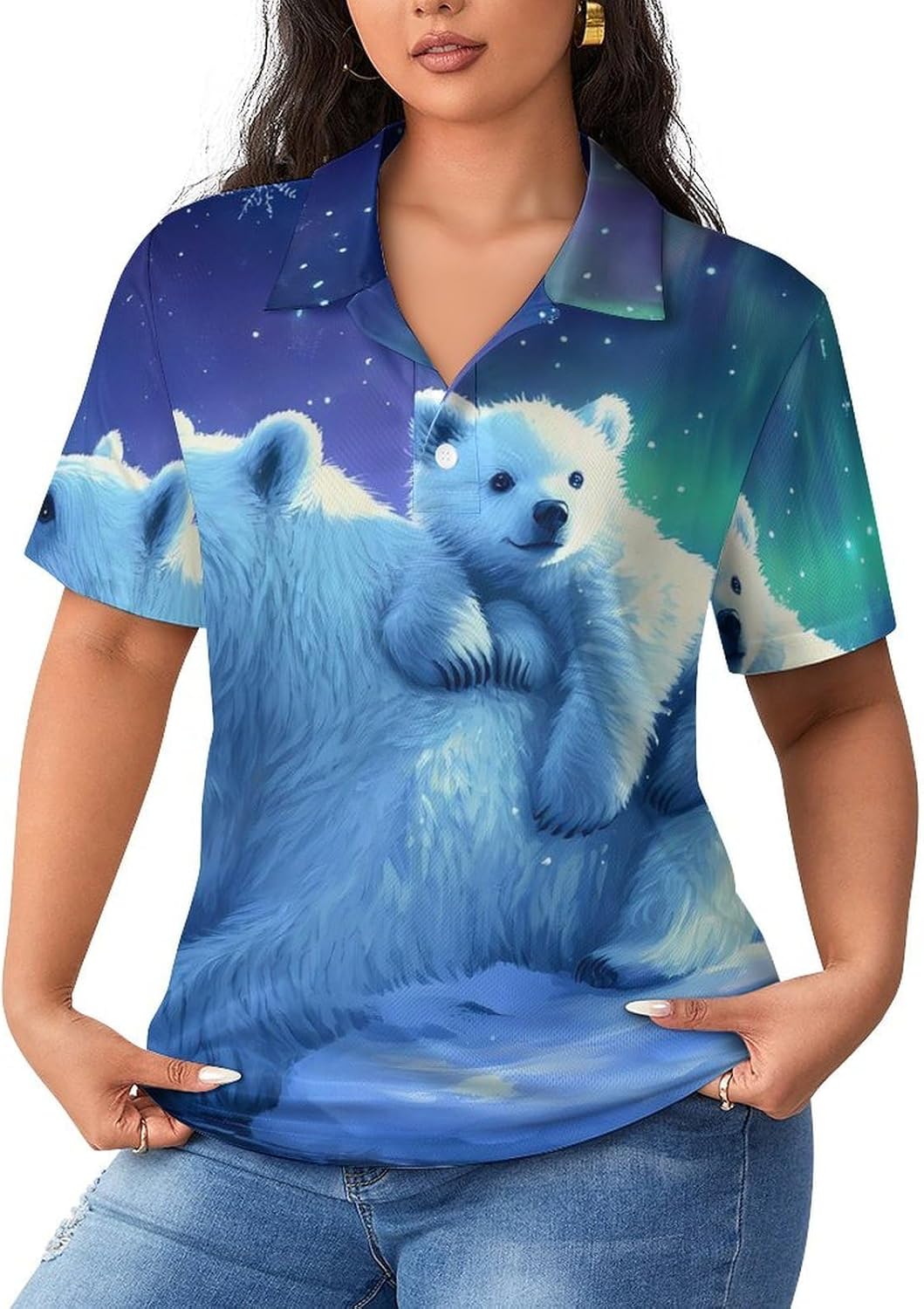 White Bear Northern Lights Womens Golf Polo Shirts Summer Short Sleeve Collared 3 Buttons T Shirt Activewear Tops