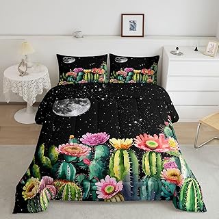 Cactus Kids Comforter Set Twin Size,Tropical Succulent Plants Lovers Bedding Set,Girls Boys Adults Room Decor,Moon Starry Sky Romantic Down Comforter,Rustic Farmhouse Duvet Insert,1 Pillowcase