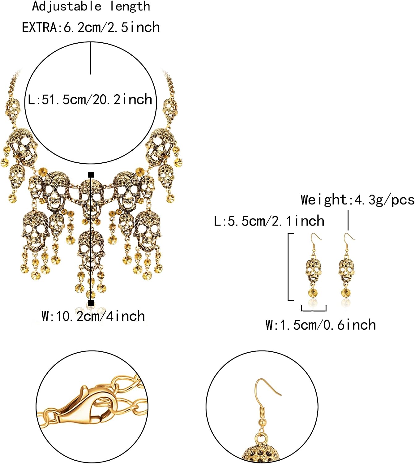 Flyonce Gothic Skull Skeleton Choker Statement Necklace Earrings Set Hand Claw Halloween Jewelry Set