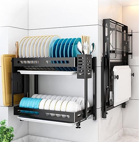 Escurridor de platos de cocina montado en la pared de acero inoxidable con bandeja de drenaje, estante plegable de acero inoxidable, estante de