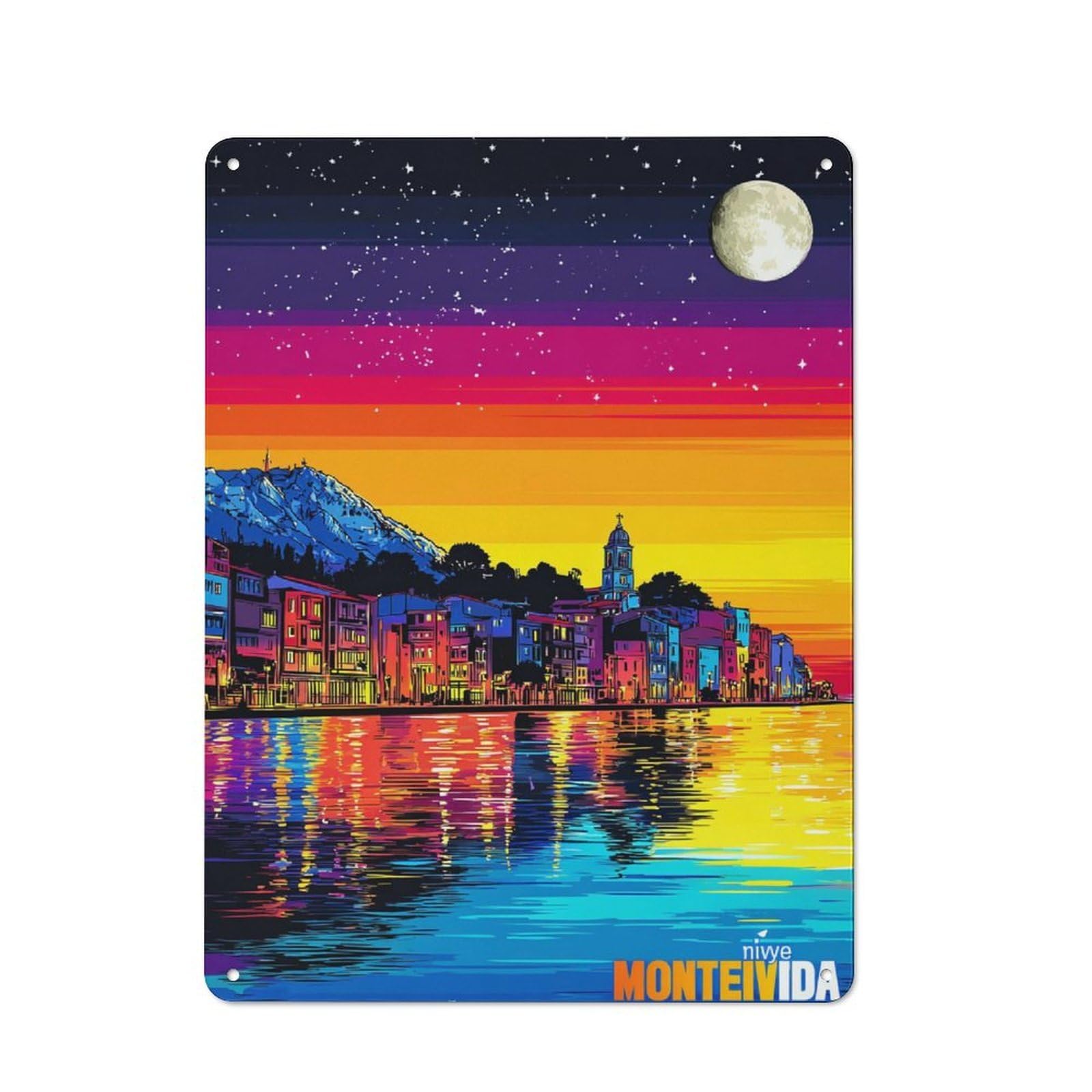 Retro Vibrant Coastal Cityscape at Night Metal Sign 40x30cm, Classic Pub Decor for Cafe, Pub, Workshop Or Home Bar, for Casual British Interiors