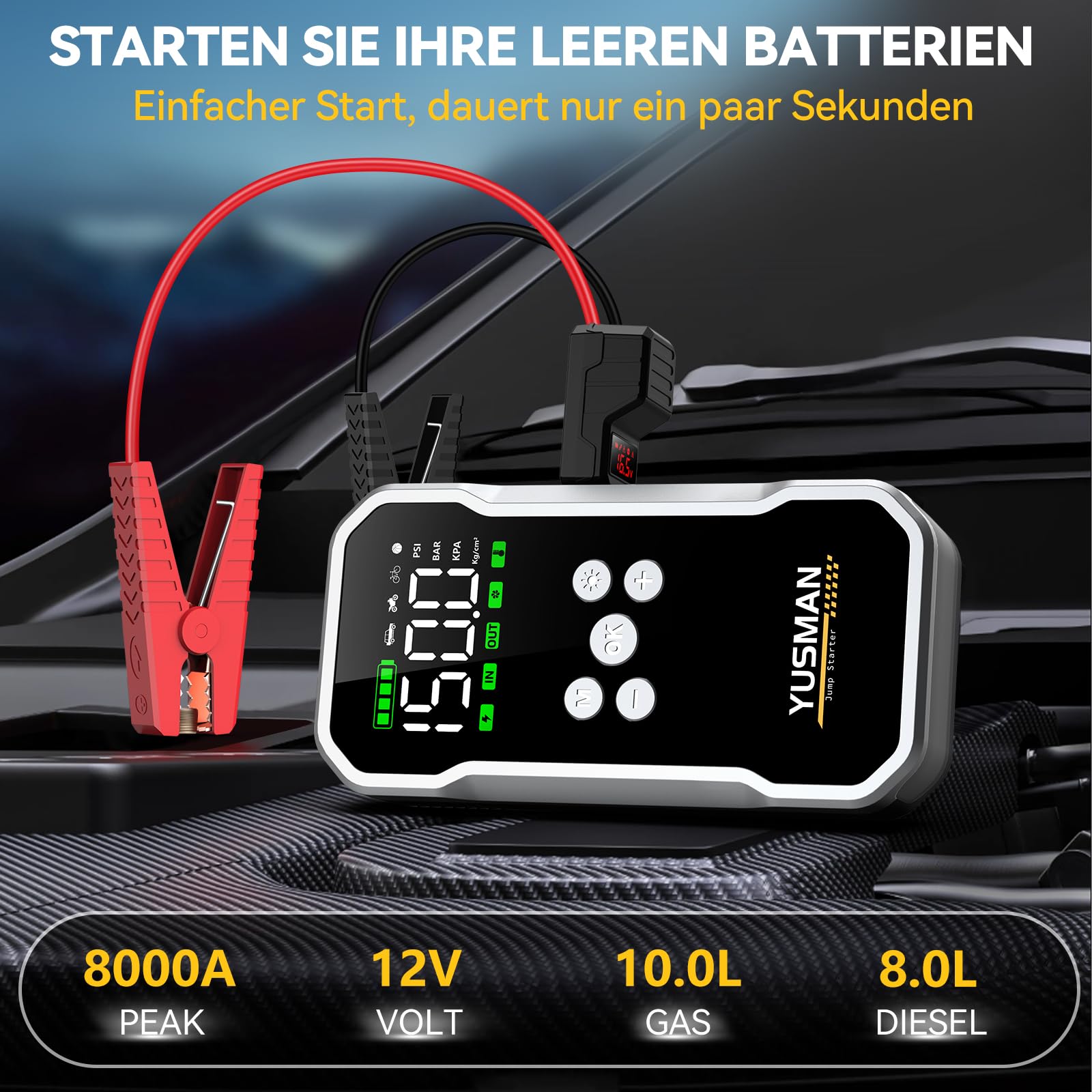 YUSMAN Starthilfe Powerbank mit Kompressor | 8000A Auto Starthilfe für alle Benzinmotoren & 8L Diesel | 160PSI Luftpumpe mit LCD & Multifunktions-Taschenlampe